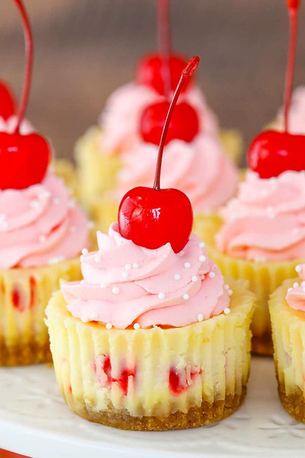 close up of mini cheesecake topped with a cherry