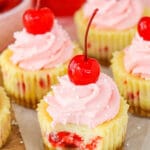 Mini Cherry Almond Cheesecakes with bite taken out