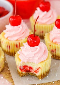 Mini Cherry Almond Cheesecakes with bite taken out