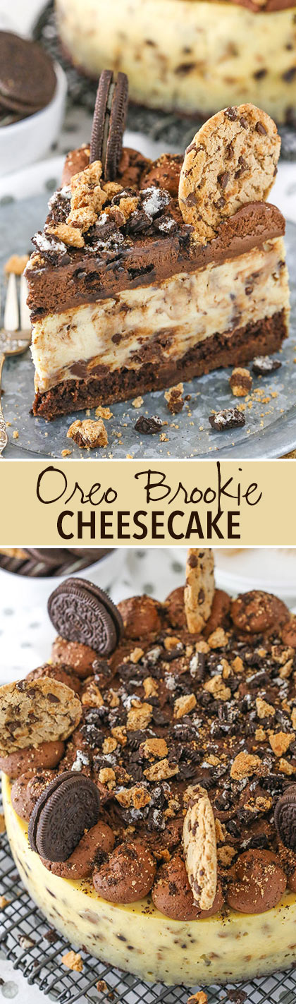 Oreo Brookie Cheesecake - a layer of brownie, chocolate chip cookie cheesecake and Oreo whipped cream!