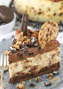 Oreo Brookie Cheesecake on a plate with a fork.