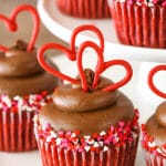 close up Red Velvet Cupcakes with Chocolate Cream Cheese Frosting on cake stand