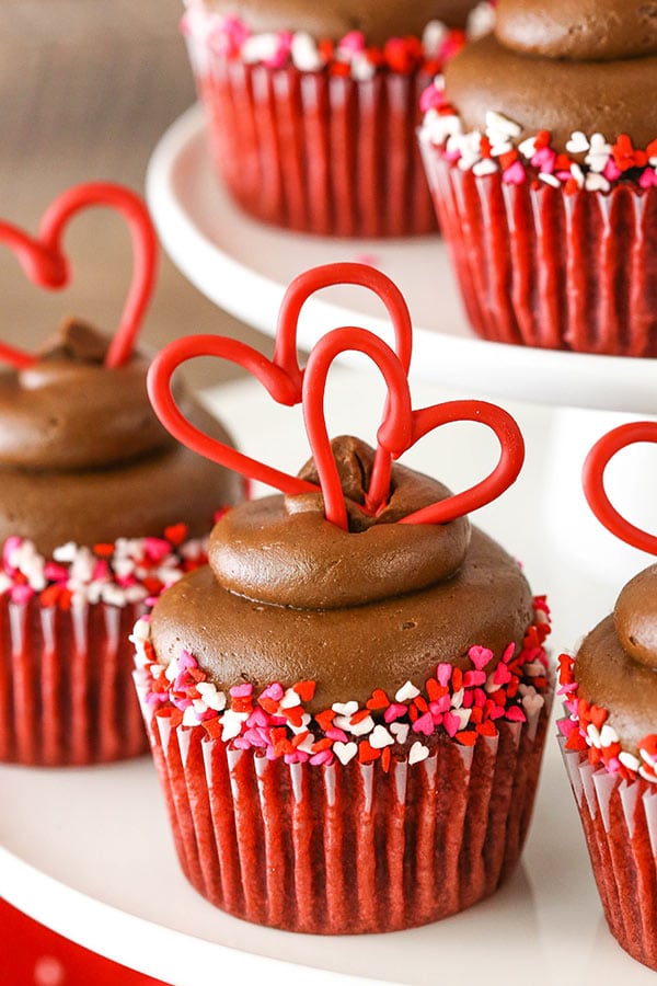 Red Velvet Cupcakes with Chocolate Cream Cheese Frosting decorated close up