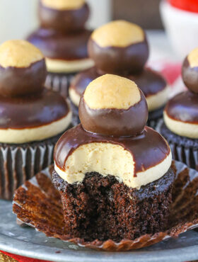 Peanut Butter Buckeye Cupcake with bite taken out