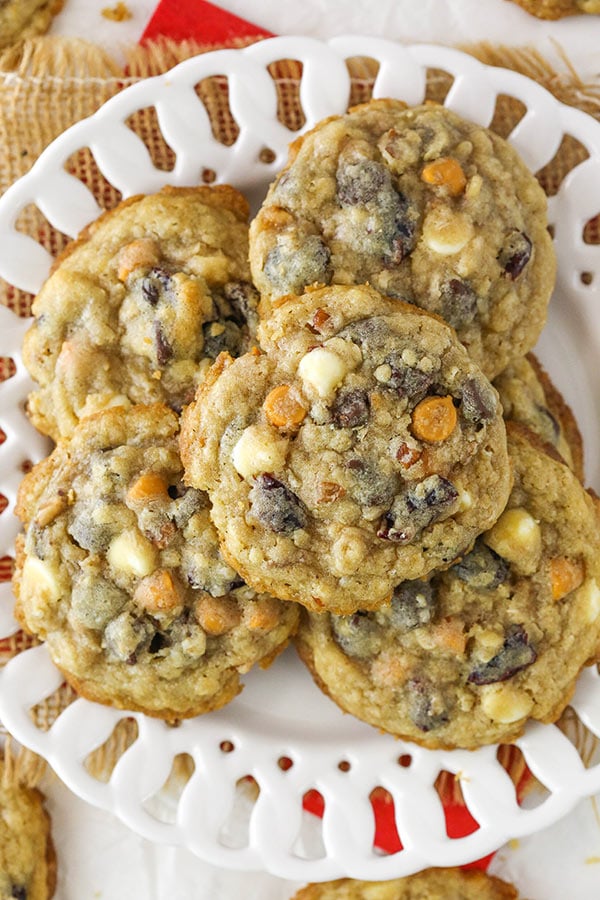 Kitchen Sink Cookies on plate overhead view