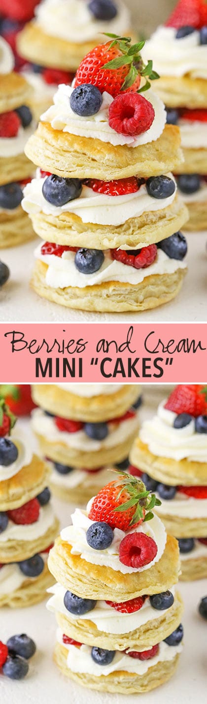 Berries and Cream Mini Puff Pastry Cakes - layers of Puff Pastry, fresh mascarpone whipped cream and fresh berries! Perfect for Easter!