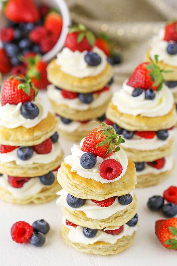 angled view of Berries and Cream Mini Puff Pastry Cakes