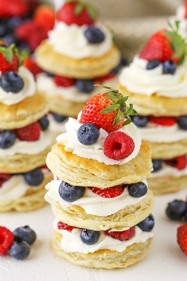 close up of Berries and Cream Mini Puff Pastry Cakes serving