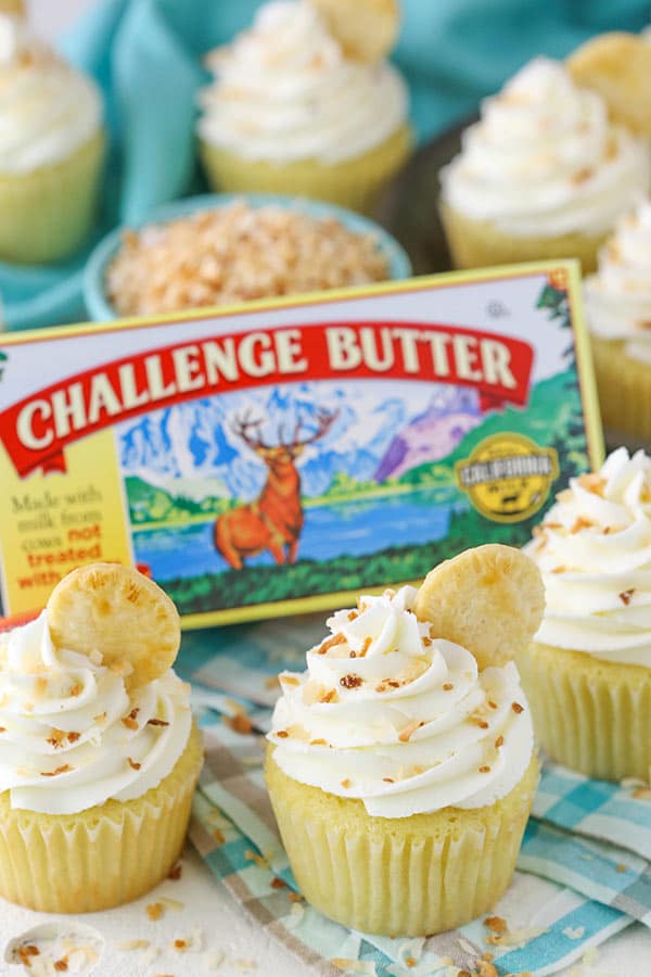 Coconut Cream Pie Cupcakes with Challenge Butter in background