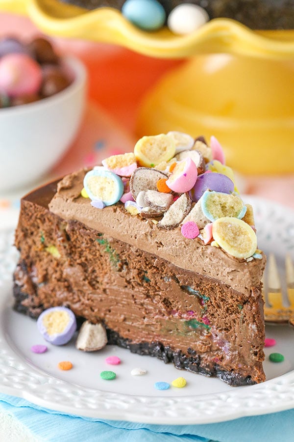 Chocolate Cheesecake with a light crunch and festive color from malted Easter eggs!