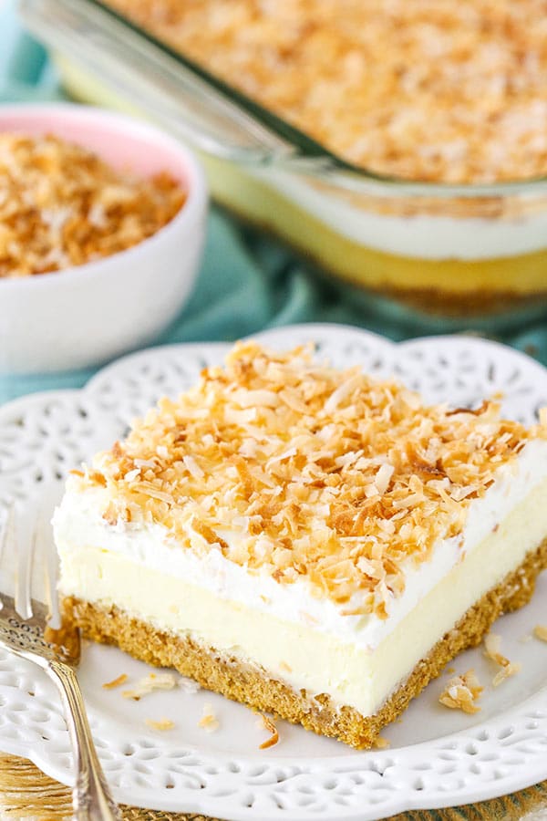 Easy Coconut Cheesecake close of serving on plate