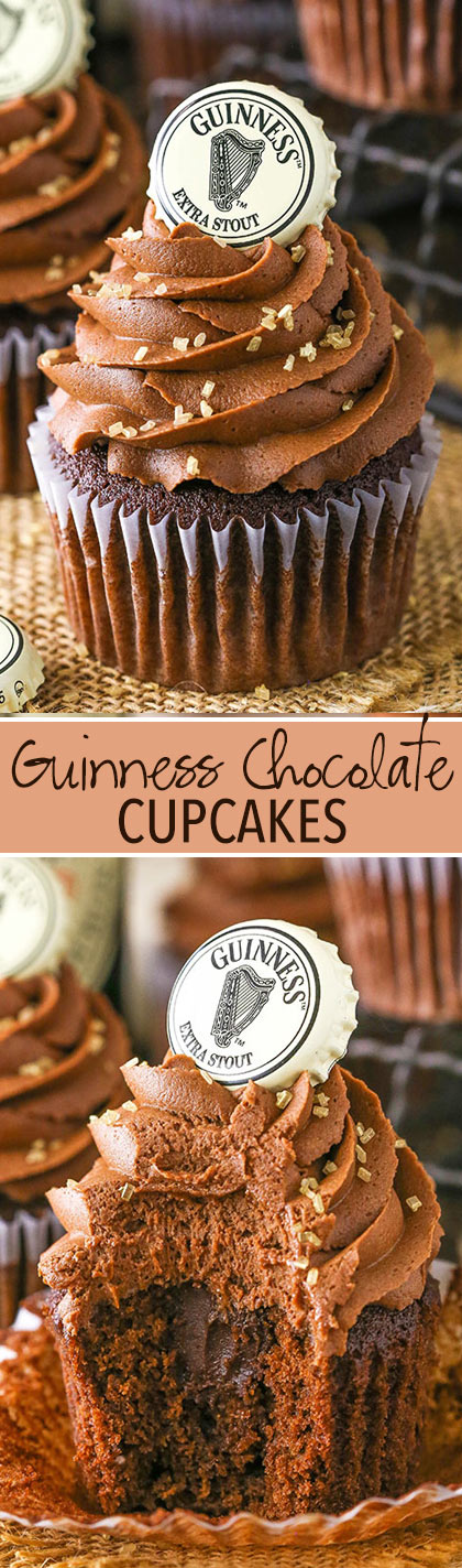 Guinness Chocolate Cupcakes! Moist chocolate cupcakes with fudgy frosting and a ganache filing - all loaded with Guinness!