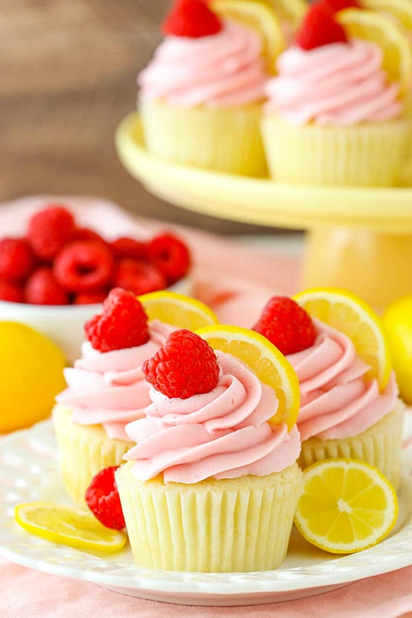 decorated Lemon Raspberry Cupcakes on plate