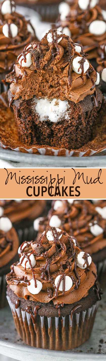 Mississippi Mud Cupcakes - moist chocolate cupcake, marshmallow fluff filling and chocolate fudge frosting!