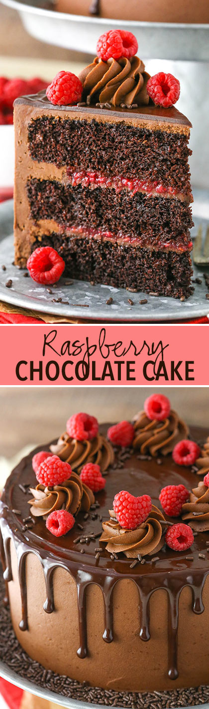 Raspberry Chocolate Layer Cake - layers of moist chocolate cake, chocolate ganache and raspberry filling!