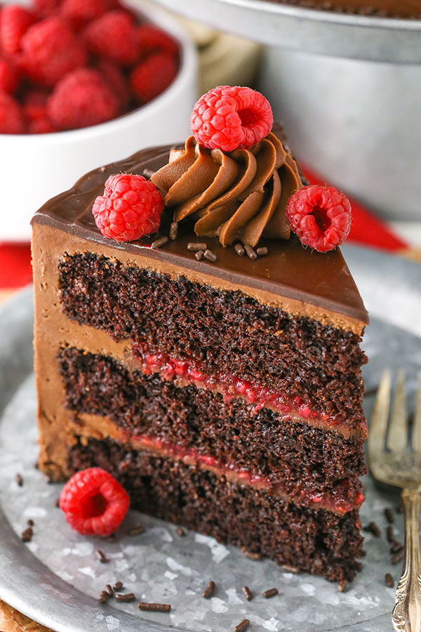 close up of Raspberry Chocolate Layer Cake slice