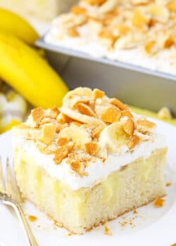 slice of Banana Pudding Poke Cake on plate