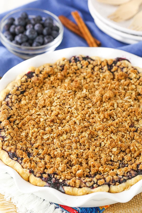 Overhead view of a Blueberry Crumb Cheesecake Pie.