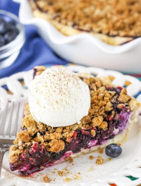 slice of Blueberry Crumb Cheesecake Pie