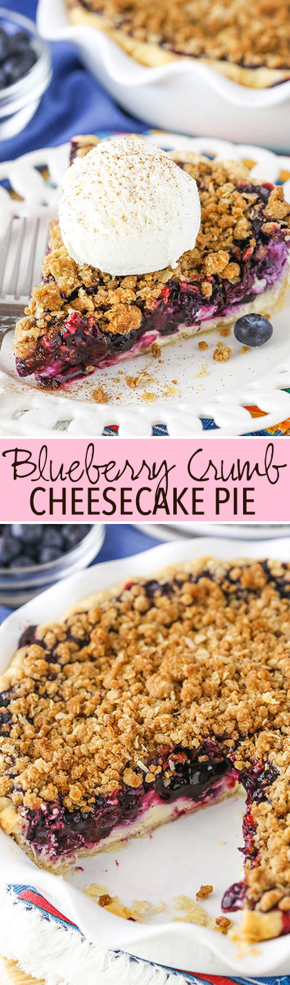 Blueberry Crumb Cheesecake Pie - a layer of cheesecake, blueberry pie filling and crumb topping!