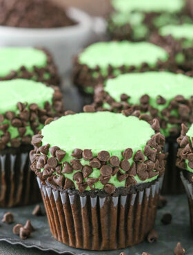 close up image of Mint Chocolate Chip Cupcakes