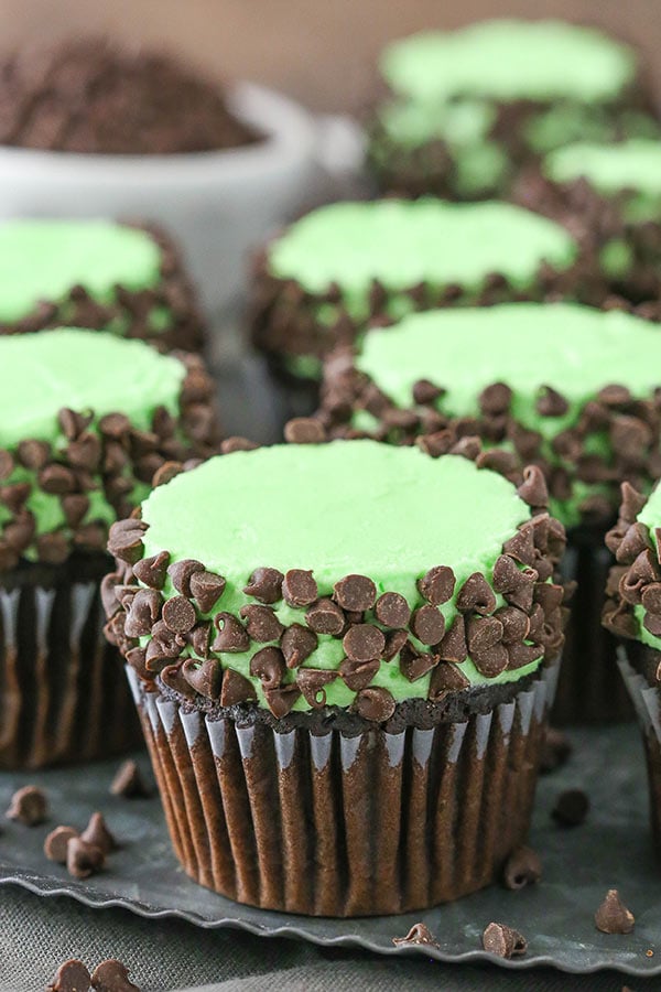 close up image of Mint Chocolate Chip Cupcakes