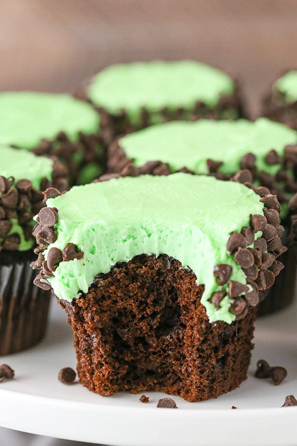 close up of Mint Chocolate Chip Cupcake with bite taken