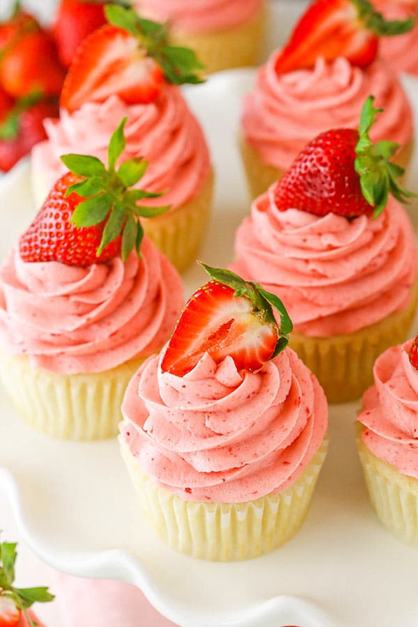 angled view of Strawberries and Cream Cupcakes