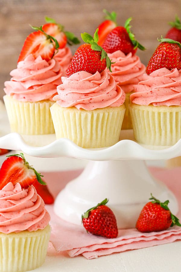 Strawberries and Cream Cupcakes on white stand