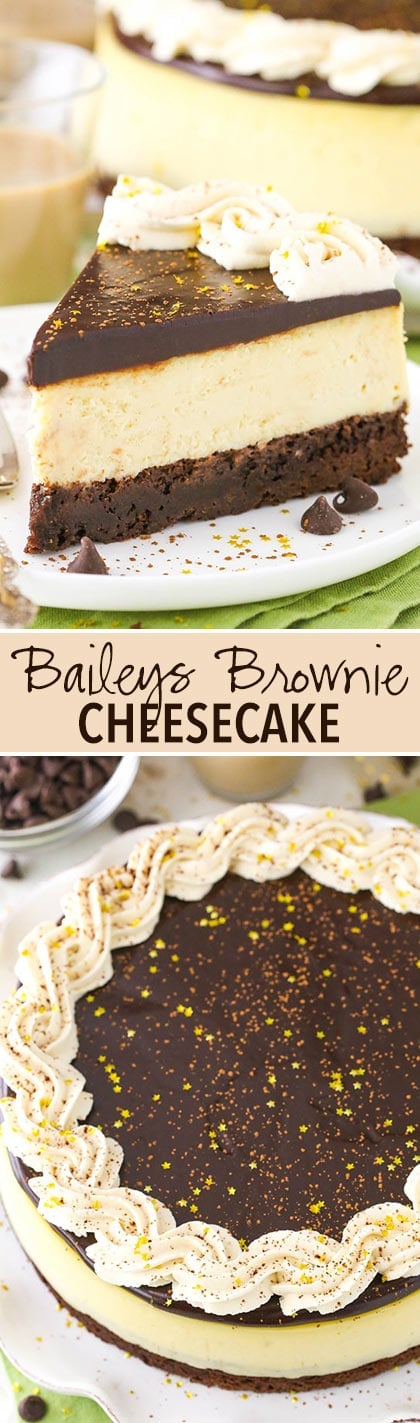 Baileys Brownie Cheesecake - a dense chocolate brownie, creamy Baileys cheesecake and chocolate ganache!