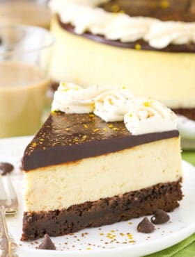 Baileys Brownie Cheesecake slice on plate