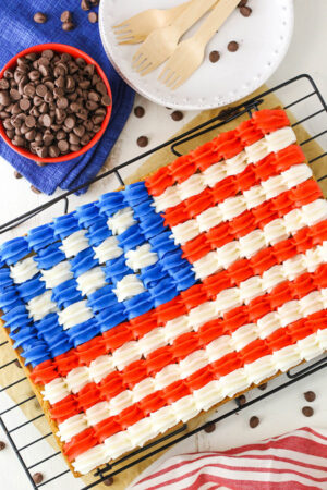 overhead image of Flag Chocolate Chip Cookie Cake