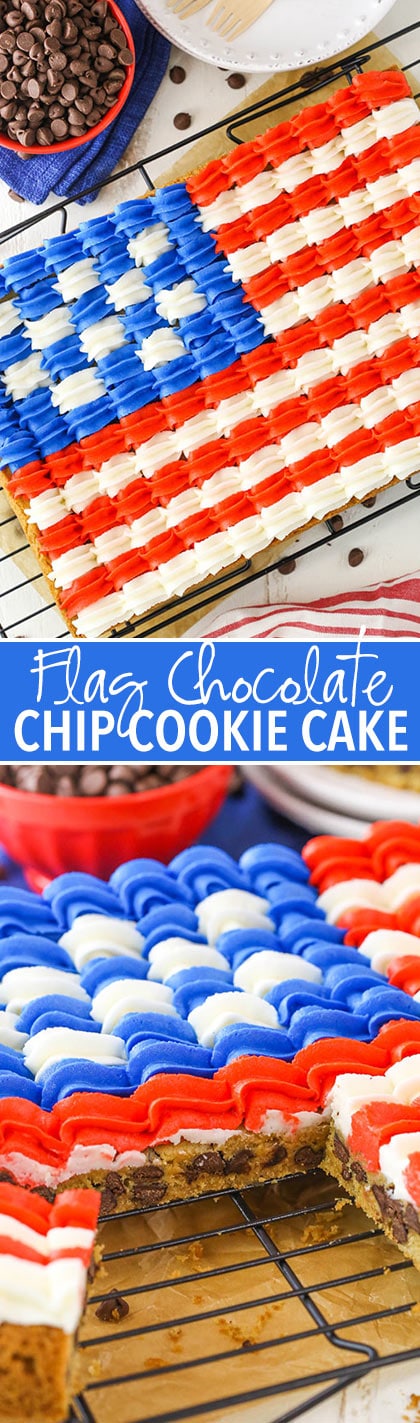 lag Chocolate Chip Cookie Cake - a classic 9x13 chocolate chip cookie decorated with buttercream in the design of the American flag for the 4th of July!