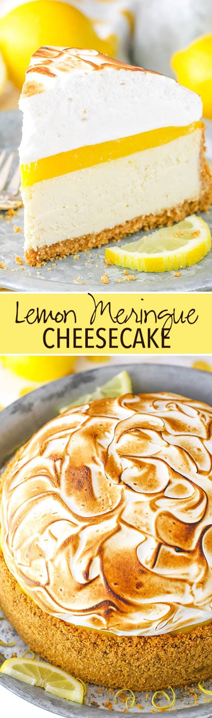 Lemon Meringue Cheesecake! A graham cracker crust, creamy cheesecake, tart lemon topping and toasted meringue!