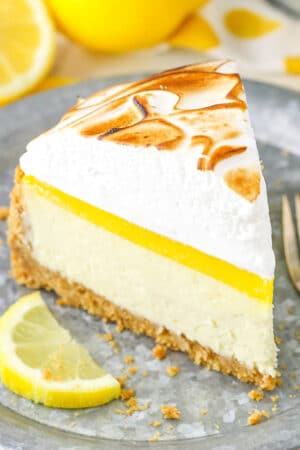 close up image of Lemon Meringue Cheesecake slice