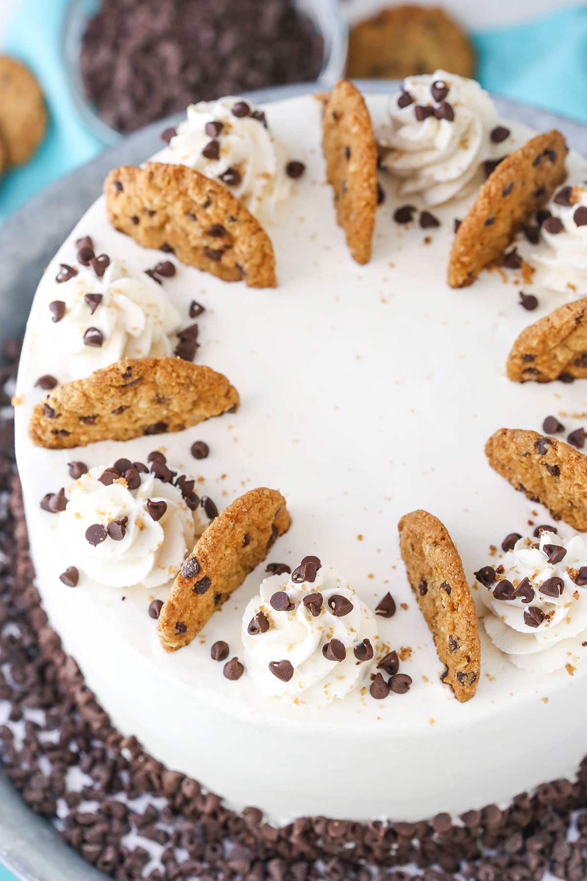 Overhead view of an oatmeal chocolate chip cookie ice cream cake.