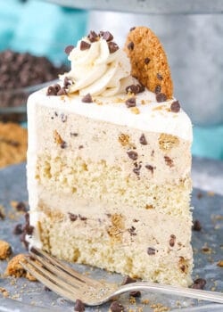 upright slice of Oatmeal Chocolate Chip Cookie Ice Cream Cake