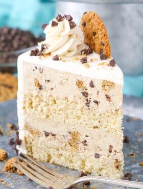 upright slice of Oatmeal Chocolate Chip Cookie Ice Cream Cake