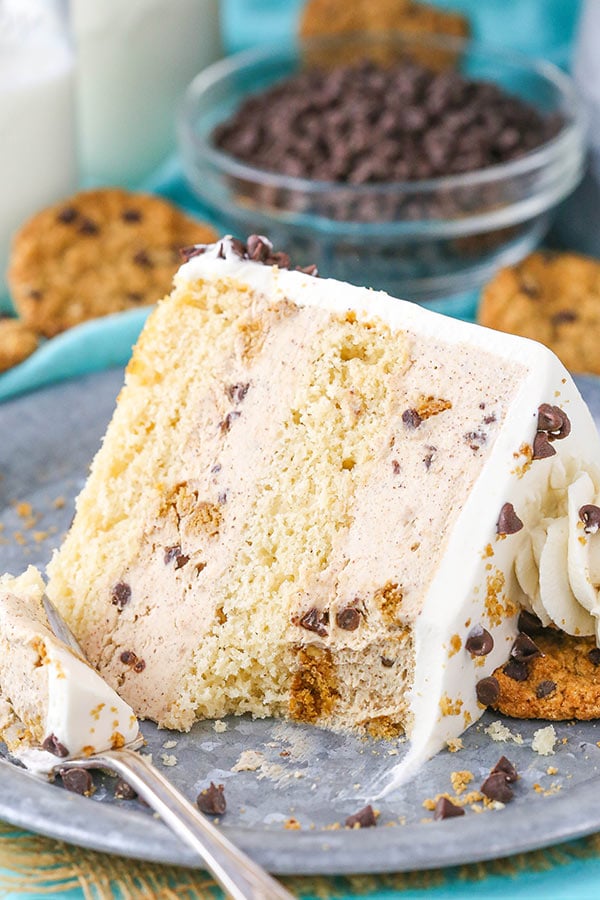 Oatmeal Chocolate Chip Cookie Ice Cream Cake slice with bite taken