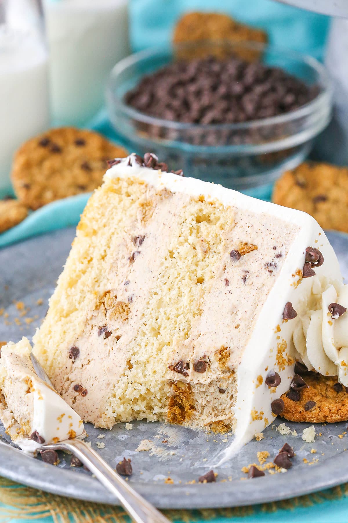 Slice of ice cream cake with oatmeal cookies.