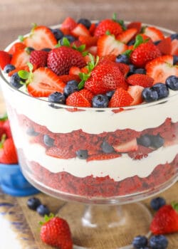 Red Velvet Berry Trifle in glass dish