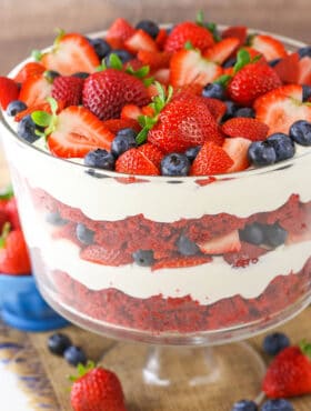 Red Velvet Berry Trifle in glass dish