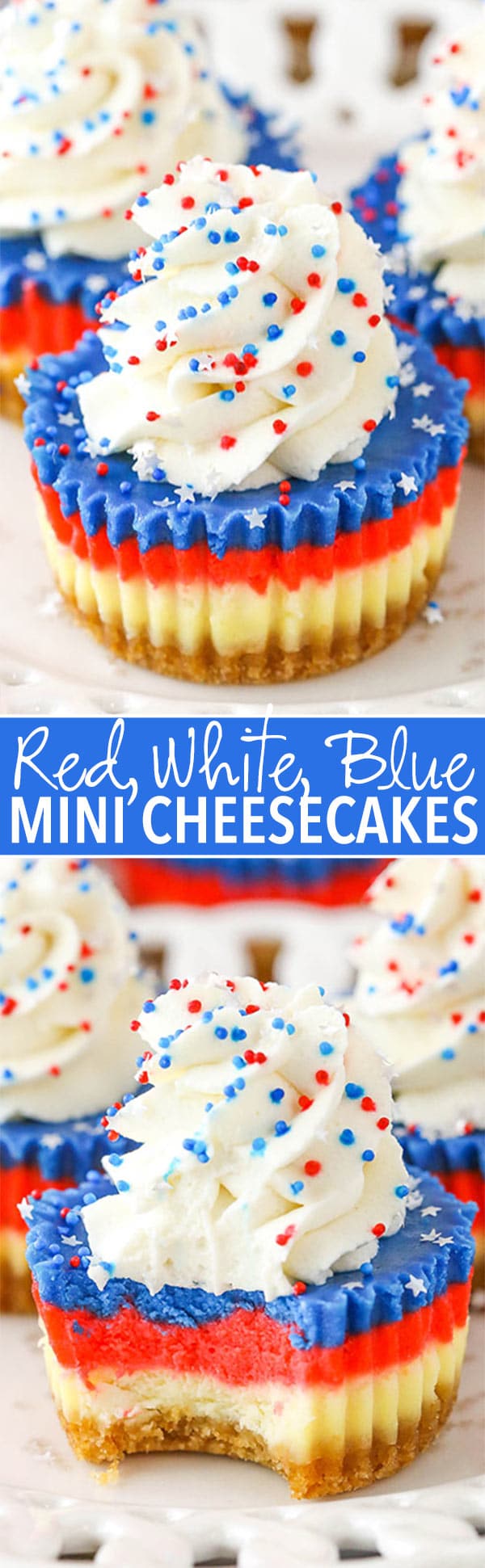 Red, White and Blue Mini Cheesecakes! Perfect for the 4th of July!