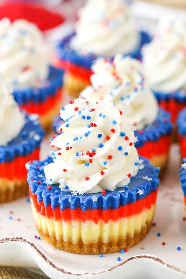 Red, White and Blue Mini Cheesecakes! Perfect for the 4th of July!