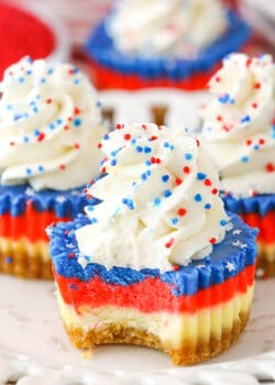 Red, White and Blue Mini Cheesecakes with bite taken out