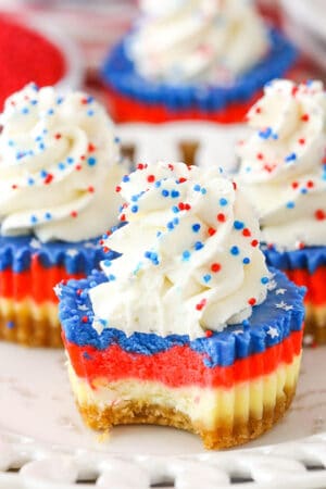 Red, White and Blue Mini Cheesecakes with bite taken out