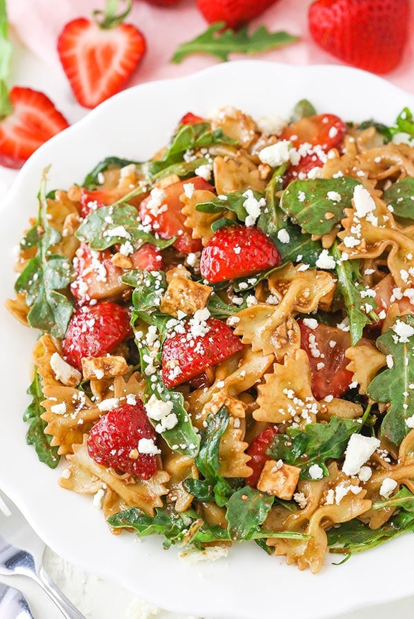 overhead view Strawberry Feta Balsamic Pasta Salad