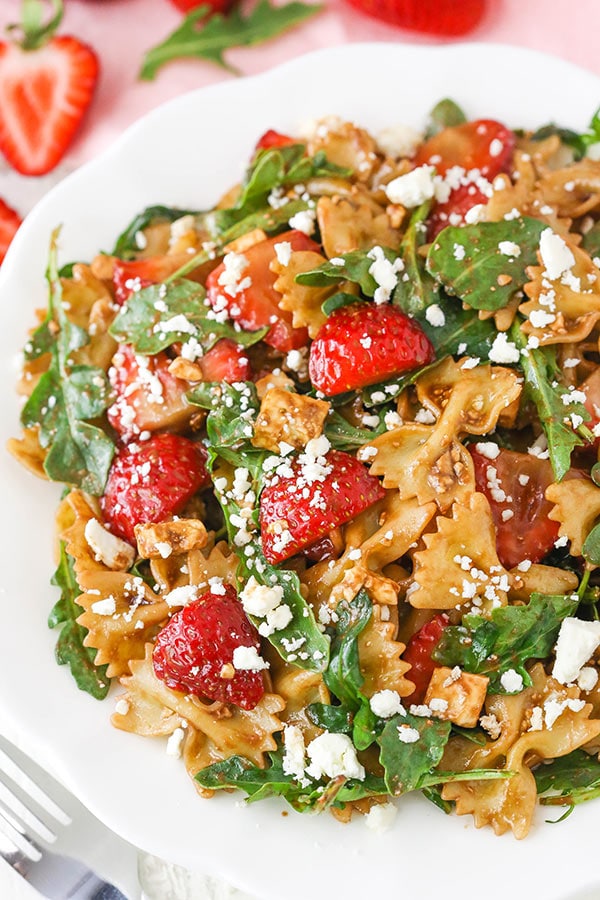 Strawberry Feta Balsamic Pasta Salad close up