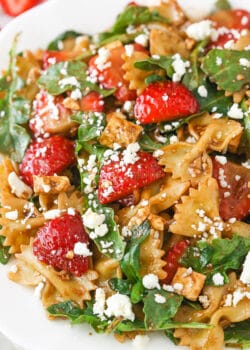 overhead image of Strawberry Feta Balsamic Pasta Salad