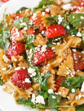 overhead image of Strawberry Feta Balsamic Pasta Salad